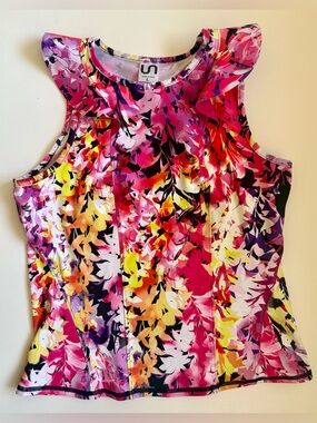 URBAN SAVAGE Floral Ruffle Sleeveless Top SZ L Activewear Gym Yoga Bright FEM